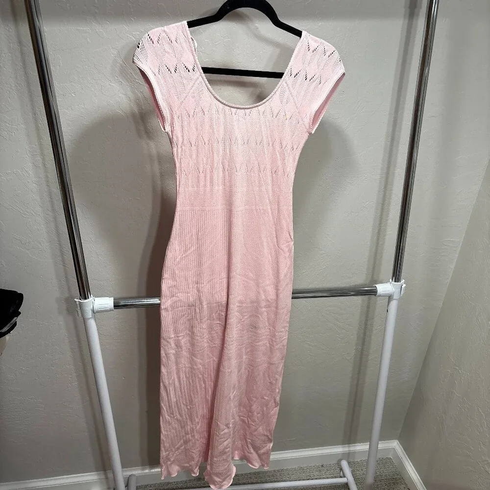 NWT Free People Chloe Open Knit Maxi Dress Pink Rose Boho Resortwear‎ Women’s S